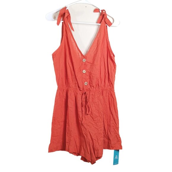 CUPSHE Button Front Romper Women’s M Coral Linen Look Shoulder Tie 90s Y2K New - Picture 1 of 4